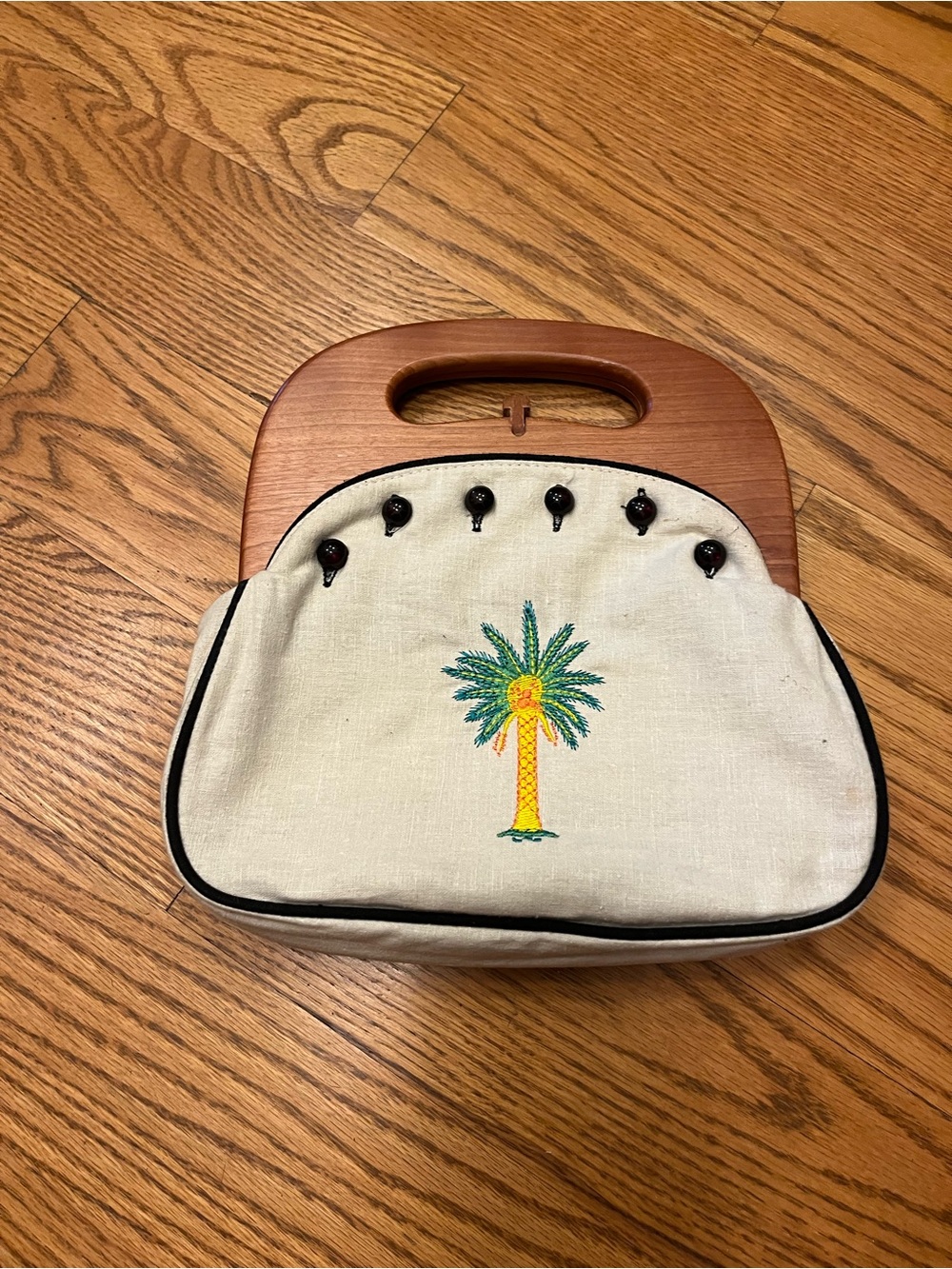 Bermuda Embroidered Palm Tree Canvas Handbag with Wood Handle